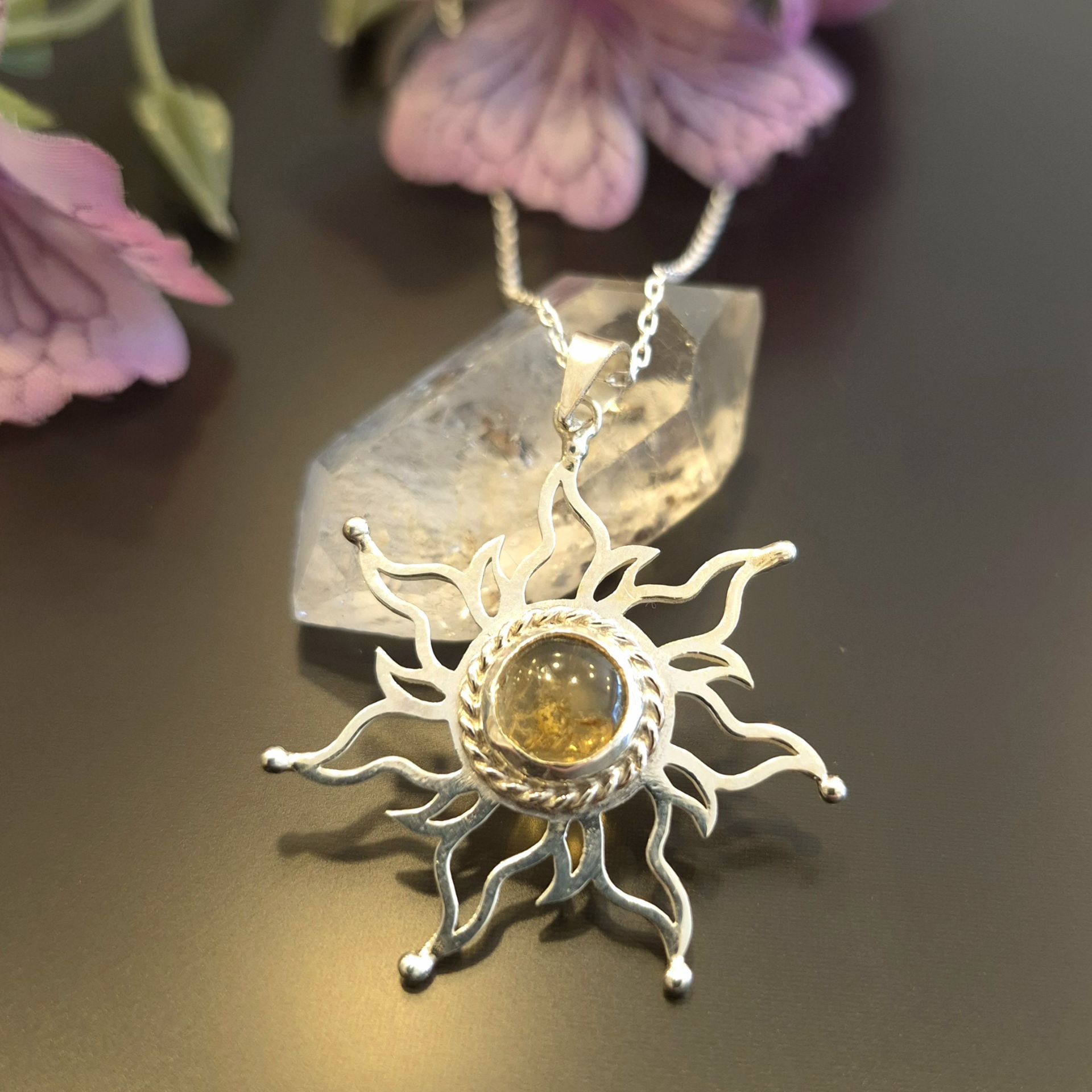 Sitrin Taşlı Güneş Tasarım Gümüş Kolye