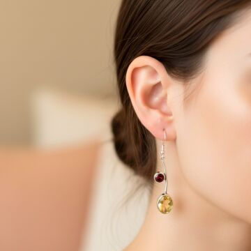 Sitrin ve Lal (Garnet) Taşı Tasarım Gümüş Küpe