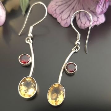 Sitrin ve Lal (Garnet) Taşı Tasarım Gümüş Küpe