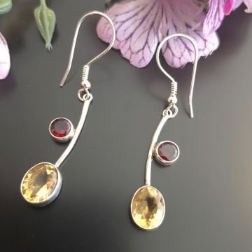 Sitrin ve Lal (Garnet) Taşı Tasarım Gümüş Küpe