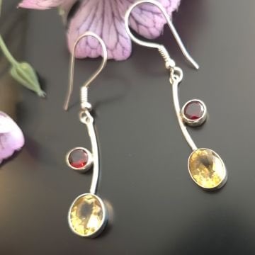 Sitrin ve Lal (Garnet) Taşı Tasarım Gümüş Küpe