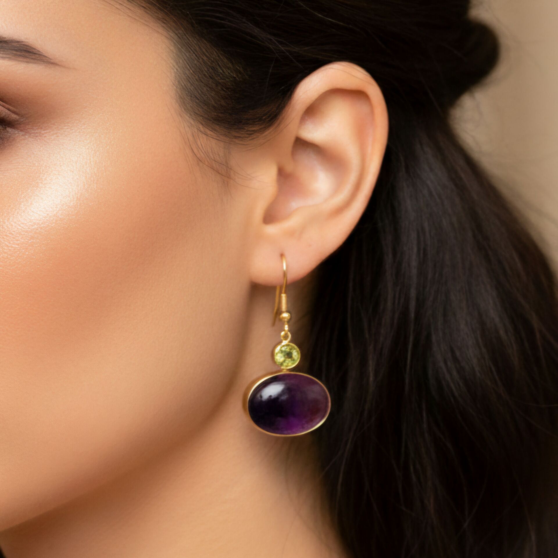 Ametist ve Peridot (Zebercet) Taşı Tasarım Gümüş Küpe