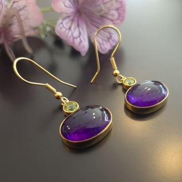 Ametist ve Peridot (Zebercet) Taşı Tasarım Gümüş Küpe