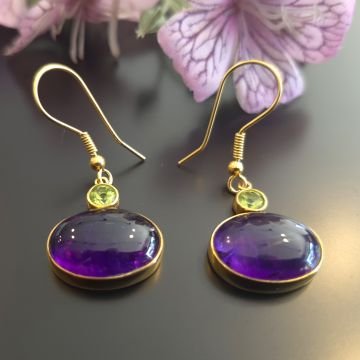 Ametist ve Peridot (Zebercet) Taşı Tasarım Gümüş Küpe