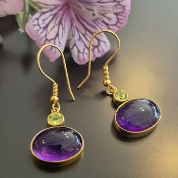 Ametist ve Peridot (Zebercet) Taşı Tasarım Gümüş Küpe