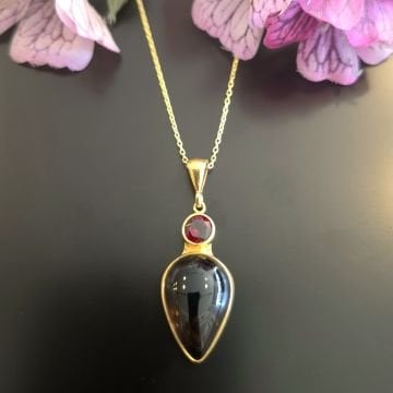Dumanlı Kuvars ve Lal (Garnet) Taşlı Tasarım Gümüş Kolye
