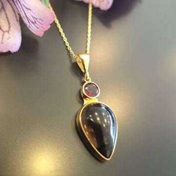 Dumanlı Kuvars ve Lal (Garnet) Taşlı Tasarım Gümüş Kolye