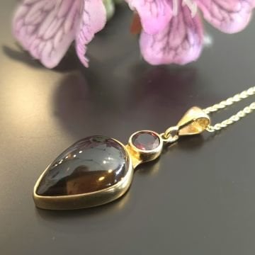 Dumanlı Kuvars ve Lal (Garnet) Taşlı Tasarım Gümüş Kolye
