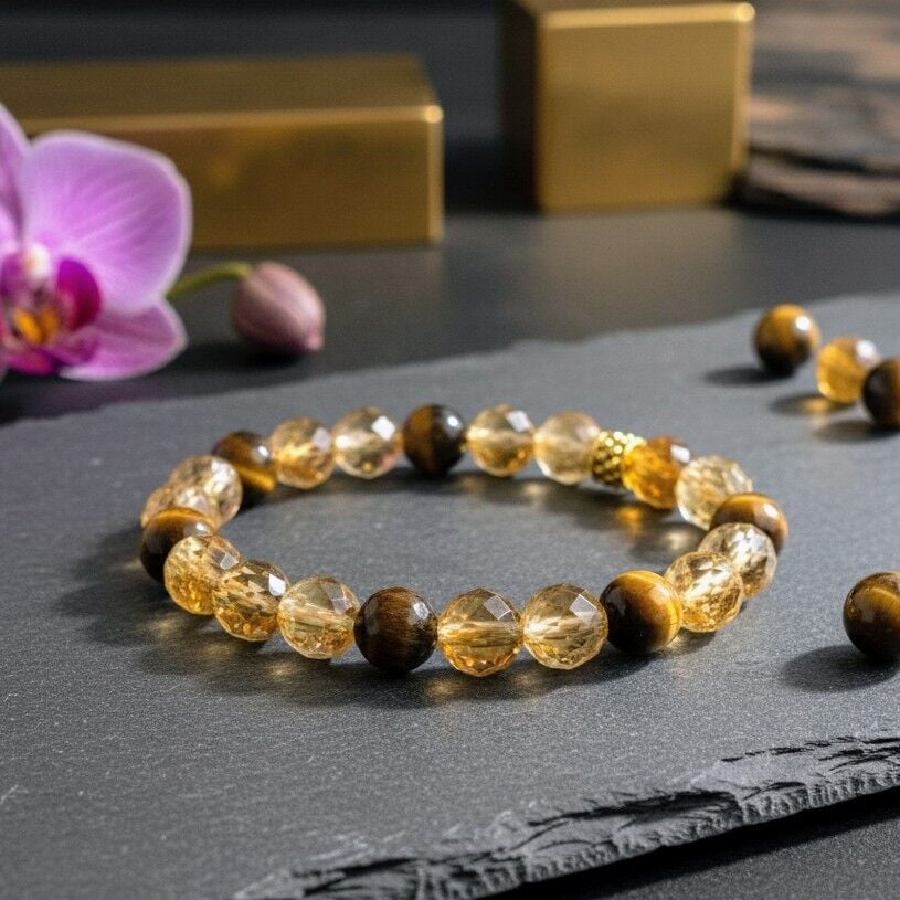 Kaplangözü ve Sitrin Doğal Taş Bileklik - Güç ve Bolluk Temalı