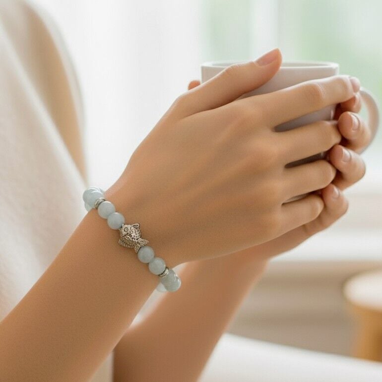 Akuamarin ve Hematit Balık Figürlü Doğal Taş Bileklik - Dinginlik ve Denge Temalı