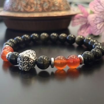 Gold Obsidyen ve Akik Tasarım Doğal Taş Bileklik - Nazar ve Topraklama Temalı