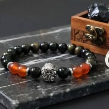 Gold Obsidyen ve Akik Tasarım Doğal Taş Bileklik - Nazar ve Topraklama Temalı