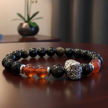 Gold Obsidyen ve Akik Tasarım Doğal Taş Bileklik - Nazar ve Topraklama Temalı