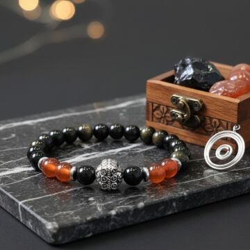 Gold Obsidyen ve Akik Tasarım Doğal Taş Bileklik - Nazar ve Topraklama Temalı