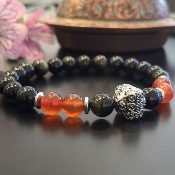 Gold Obsidyen ve Akik Tasarım Doğal Taş Bileklik - Nazar ve Topraklama Temalı