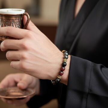 Kızıl Kaplangözü, Obsidyen ve Hematit Tasarım Doğal Taş Bileklik - Eril Enerji ve Topraklama Temalı