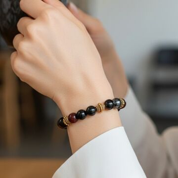 Kızıl Kaplangözü, Obsidyen ve Hematit Tasarım Doğal Taş Bileklik - Eril Enerji ve Topraklama Temalı