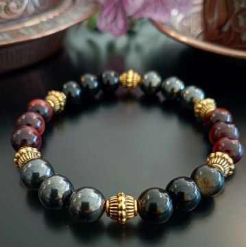 Kızıl Kaplangözü, Obsidyen ve Hematit Tasarım Doğal Taş Bileklik - Eril Enerji ve Topraklama Temalı