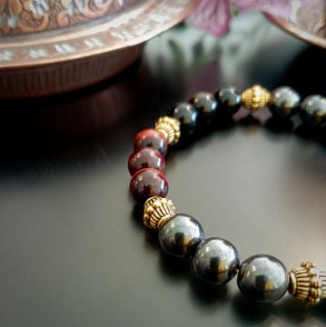 Kızıl Kaplangözü, Obsidyen ve Hematit Tasarım Doğal Taş Bileklik - Eril Enerji ve Topraklama Temalı