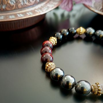 Kızıl Kaplangözü, Obsidyen ve Hematit Tasarım Doğal Taş Bileklik - Eril Enerji ve Topraklama Temalı