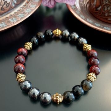 Kızıl Kaplangözü, Obsidyen ve Hematit Tasarım Doğal Taş Bileklik - Eril Enerji ve Topraklama Temalı