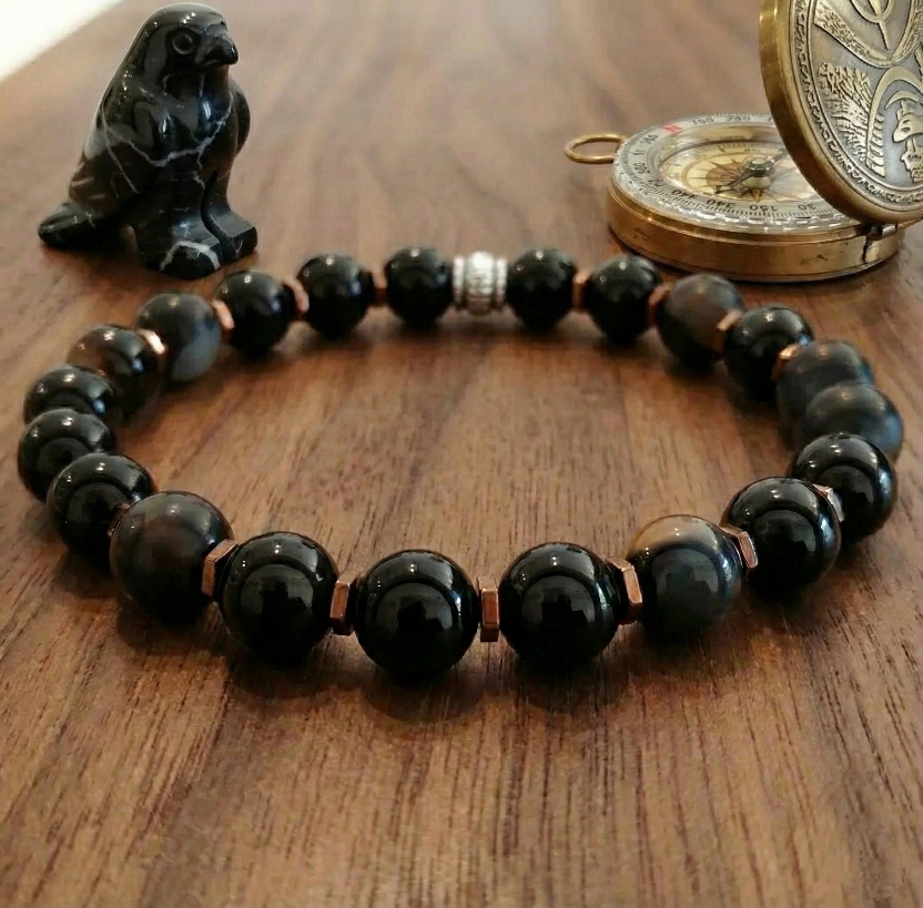 Siyah Akik ve Hematit Taşlı Tasarım Doğal Taş Bileklik - Korunma ve Denge Temalı