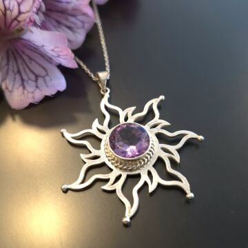 Ametist Taşlı Güneş Tasarım Gümüş Kolye