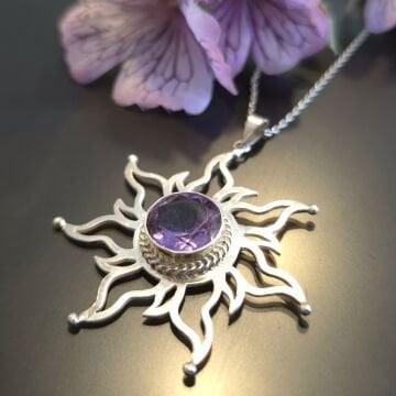 Ametist Taşlı Güneş Tasarım Gümüş Kolye