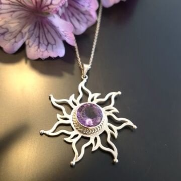 Ametist Taşlı Güneş Tasarım Gümüş Kolye