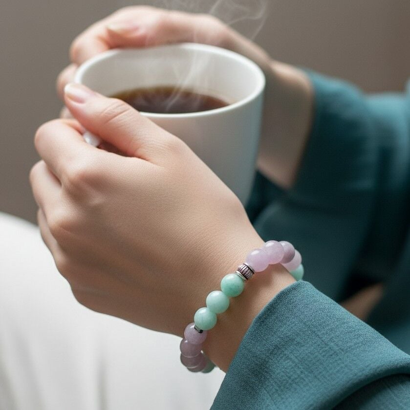 Kunzit ve Amazonit Tasarım Doğal Taş Bileklik - İletişim ve Güven Temalı