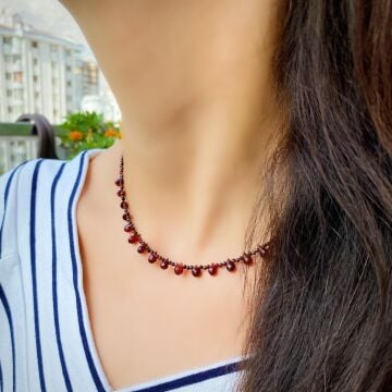 Lal Garnet Taşlı Tasarım Gümüş Kolye