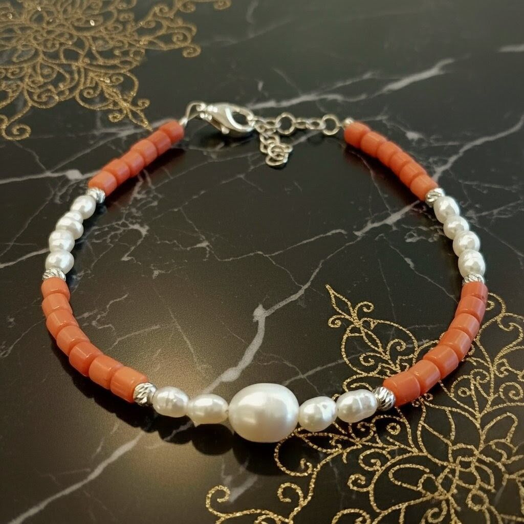 Mercan ve İnci Tasarım Gümüş Bileklik