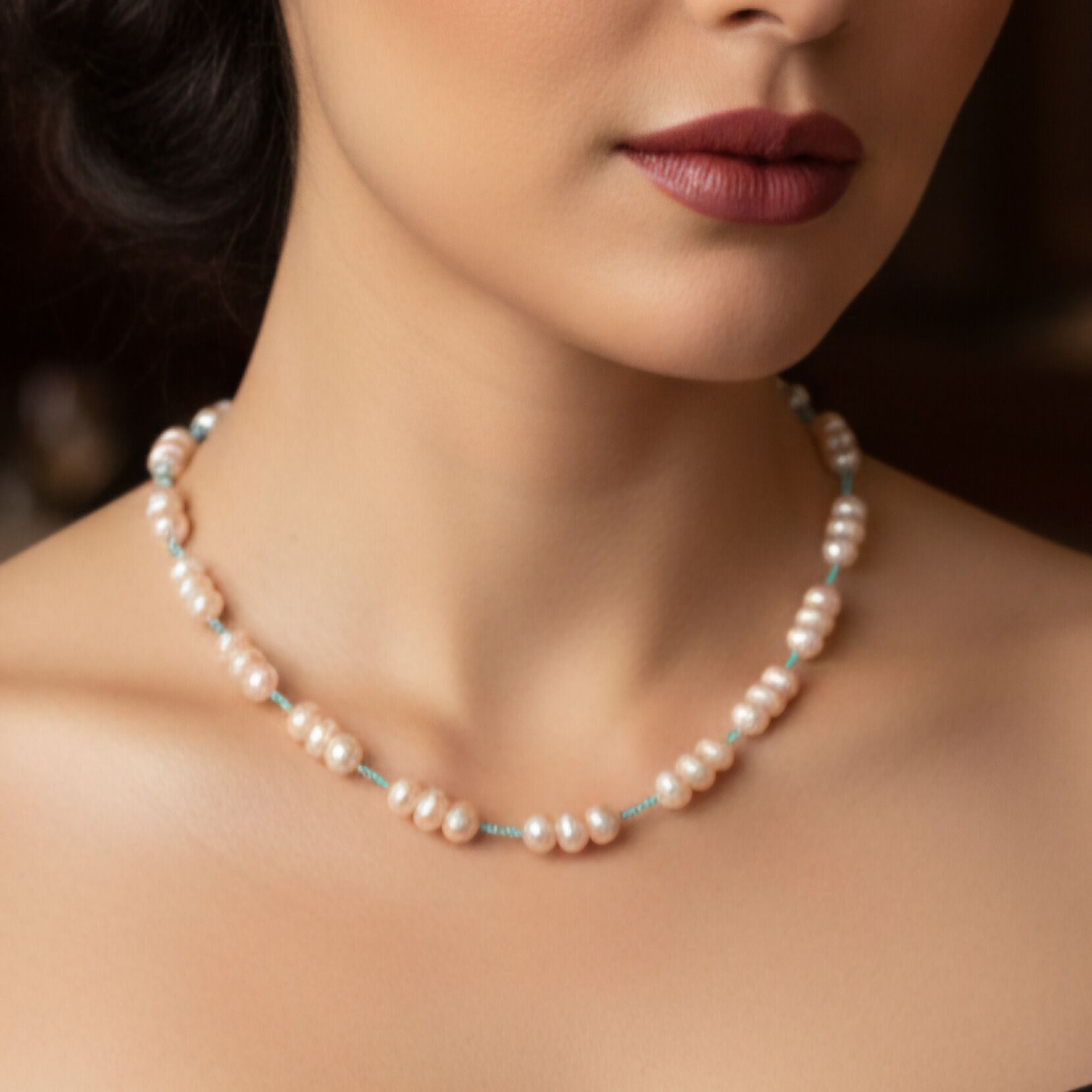 Pembe İnci ve Mavi Topaz Tasarım Gümüş Kolye