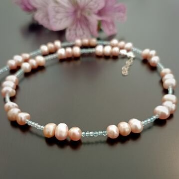 Pembe İnci ve Mavi Topaz Tasarım Gümüş Kolye