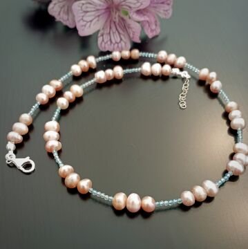 Pembe İnci ve Mavi Topaz Tasarım Gümüş Kolye