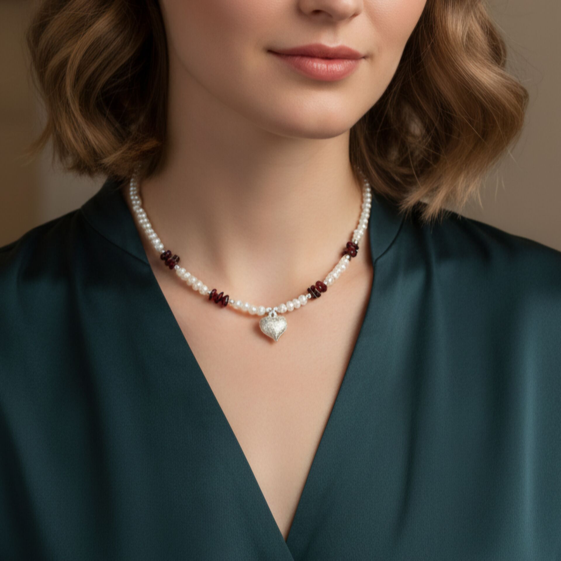 İnci ve Lal (Garnet) Tasarım Gümüş Kolye