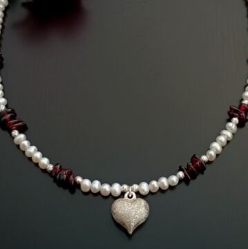 İnci ve Lal (Garnet) Tasarım Gümüş Kolye