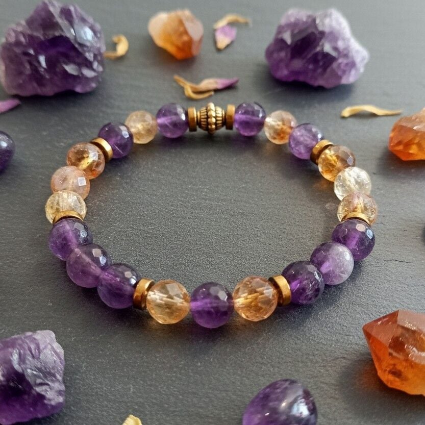 Ametist, Sitrin ve Hematit Tasarım Bileklik - Pozitif Enerji ve Bolluk Temalı