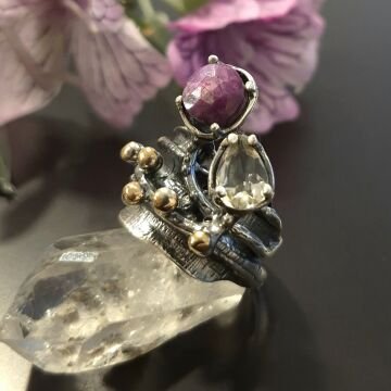 Yakut ve Sitrin Taşlı Tasarım Gümüş Yüzük