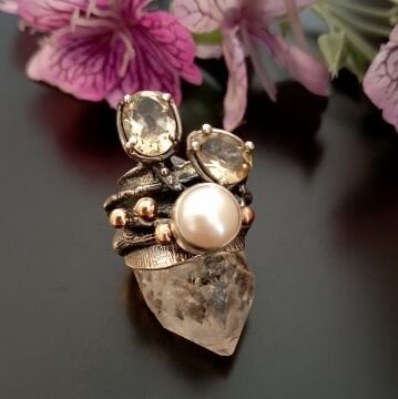 İnci ve Sitrin Taşlı Tasarım Gümüş Yüzük