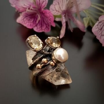 İnci ve Sitrin Taşlı Tasarım Gümüş Yüzük