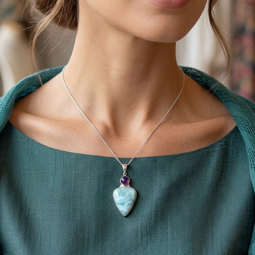 Larimar Taşı ve Ametist Taşıyla Tasarım Gümüş Kolye