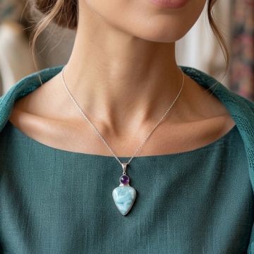 Larimar Taşı ve Ametist Taşıyla Tasarım Gümüş Kolye