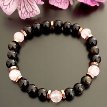 Gold Obsidyen, Pembe Kuvars ve Hematit Doğal Taş Bileklik