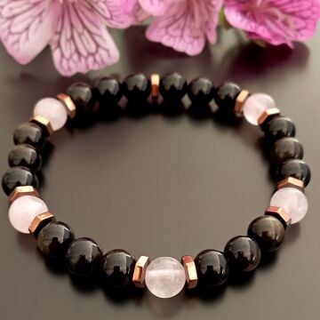 Gold Obsidyen, Pembe Kuvars ve Hematit Doğal Taş Bileklik