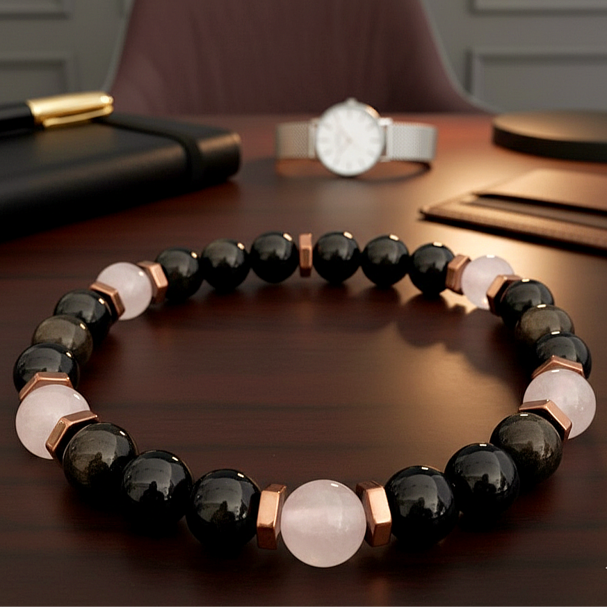 Gold Obsidyen, Pembe Kuvars ve Hematit Doğal Taş Bileklik