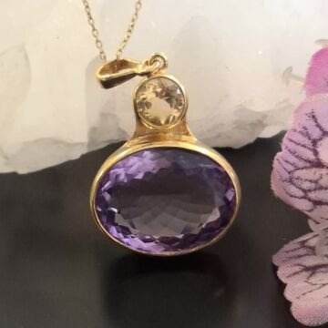 Ametist ve Sitrin Doğal Taş Gümüş Kolye