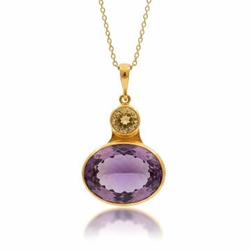 Ametist ve Sitrin Doğal Taş Gümüş Kolye