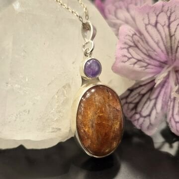 Güneş Taşı ve Ametist Taşı Tasarım Gümüş Kolye