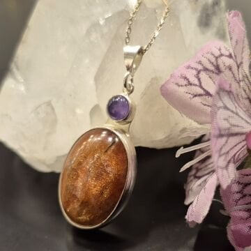 Güneş Taşı ve Ametist Taşı Tasarım Gümüş Kolye